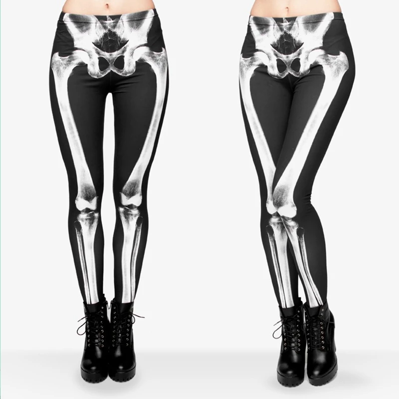 Fccexio nova marca 3d impresso retro ossos preto esqueleto sexy feminino casual punk rock leggins calças de cintura alta leggings fitness