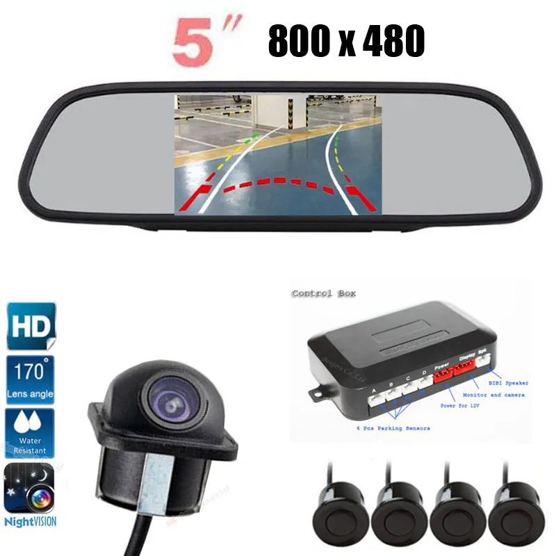 Digital 5 Inch LCD Car Monitor with Dynamic Track Rear View CCD Backup Reverse Camera parking sensors car 4 sensors system