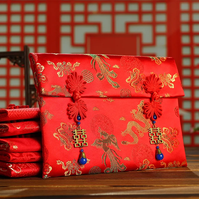 Super Big Double Happiness Words with Beads Decorate Dragon/Phoenix/Flowers Traditional Chinese Elements New Year Red Envelope