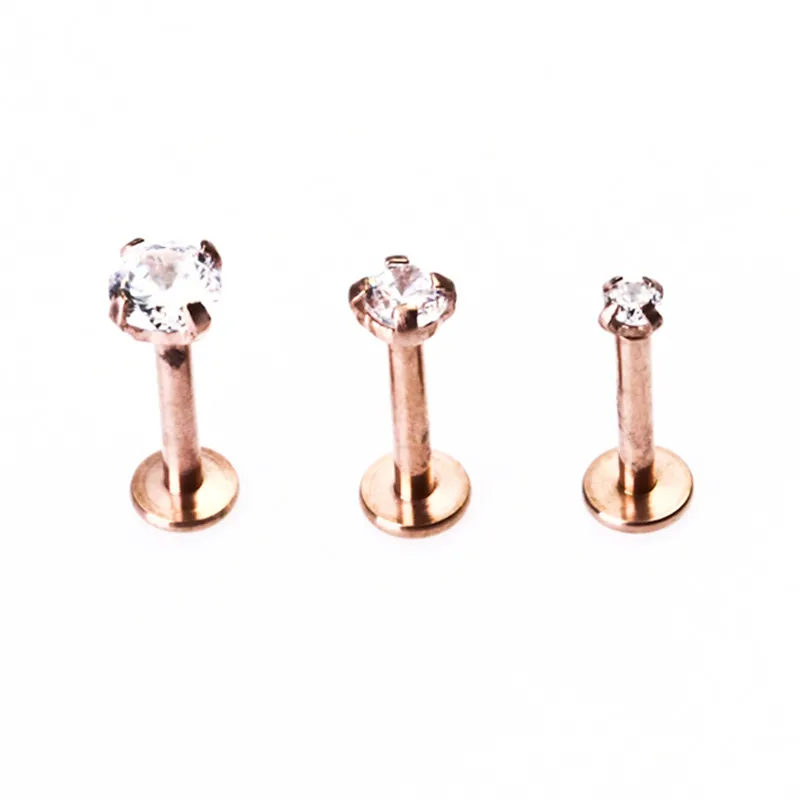 Rose Gold Color Labret Stud Lip Ring Ear Stud Crystal CZ Gem Zircon Clear 2 3 4mm 16G Internally Threaded CZ Tragus Body Jewelry