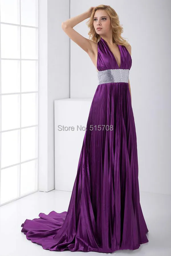 Top Quality Purple Long Prom Dresses Sexy Deep V Neck Sleeveless Sweep Train 2015 Long Evening Dresses Long Party Dresses