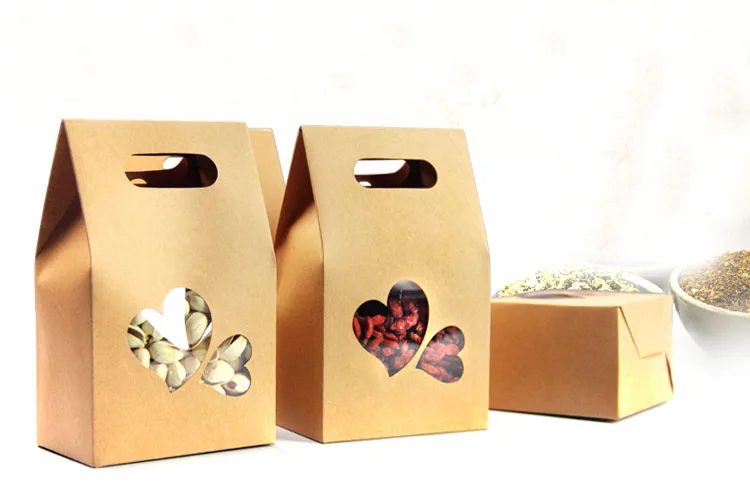 10*15.5*6cm 20pcs Stand Up Heart-shaped Window Kraft Paper Bags Boxes Recyclable Wedding Gift Jewelry Food Package Paper Box