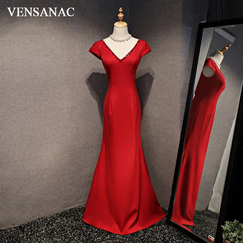 

VENSANAC Crystal V Neck Satin Mermaid Long Evening Dresses Elegant Party Short Sleeve Backless Prom Gowns