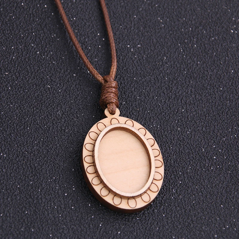 1pcs 18*25mm Wood Cabochon Settings Blank Cameo Pendant Base Trays With Leather Cord For Jewelry Necklace Making Glass sample