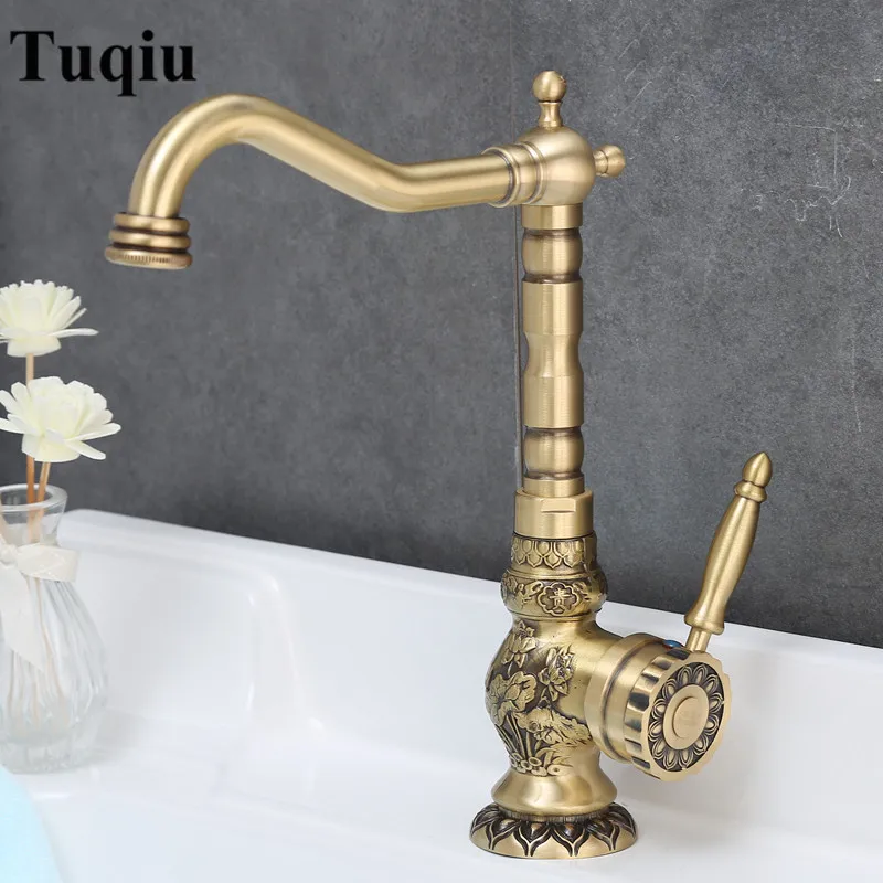 

Basin Faucet Antique Brass Sink Faucet Carved Bathroom Faucet Copper Tap Rotate Single Handle Hot & Cold Water Mixer Tap Crane