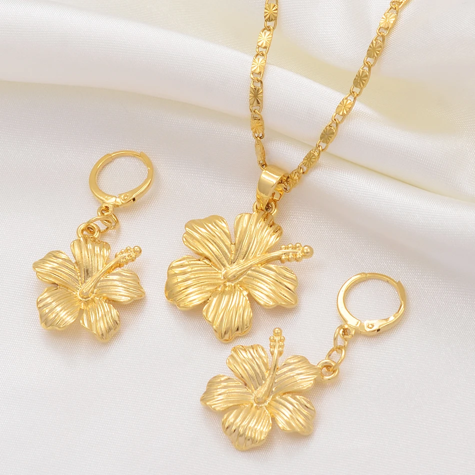 Anniyo Hawaiian Flower Jewelry Sets Pendant Necklaces Earrings Women Girls Gold Color Micronesia Guam Chuuk Kwajalein #213106