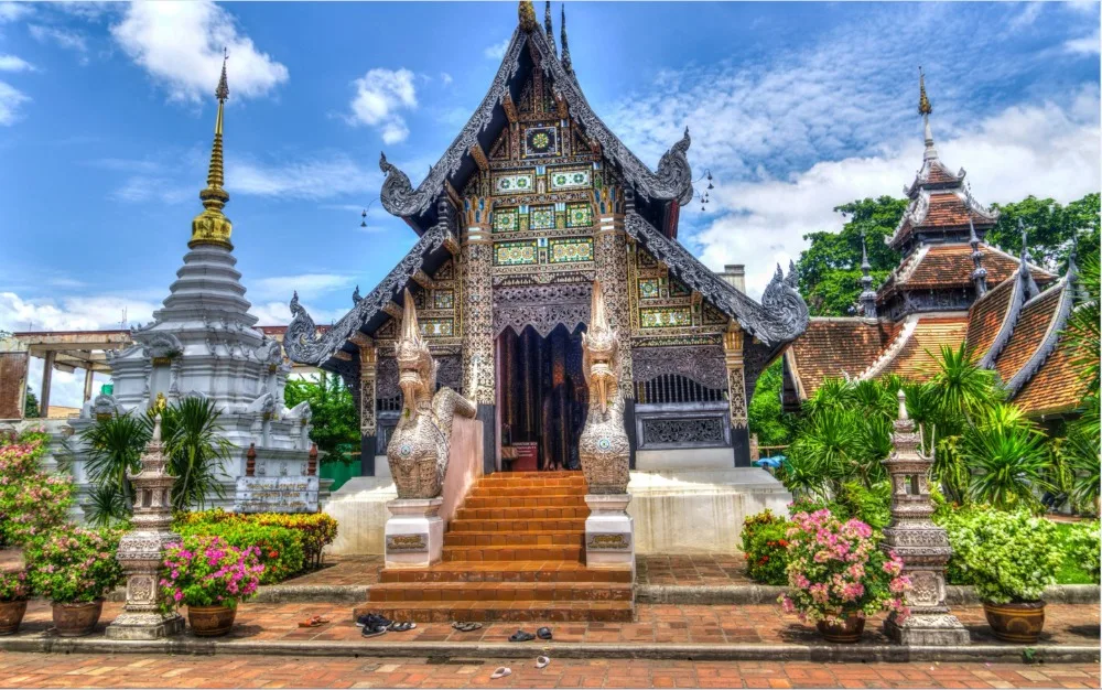 7x5FT Clouds Sky Daylight Thailand Thai Temple Steps Entrance Garden Custom Photo Background Studio Backdrop Vinyl 220cm x 150cm