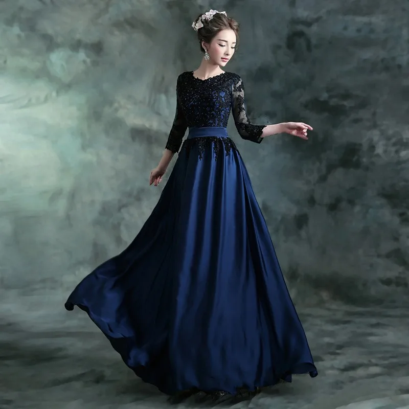 Robe De soirée longue bleue avec dentelle noire brodée, manches 2017, robes De fête mère De la mariée, nouvelle collection 3/4