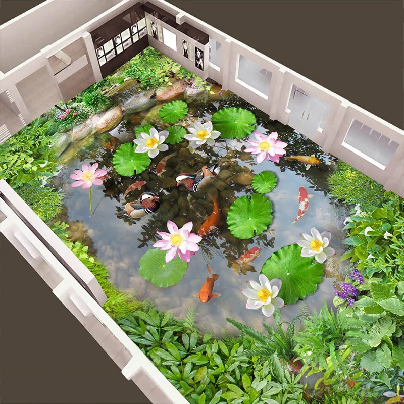 

Custom Size 3D Mural Floor Wallpaper Bathroom PVC Wear Non-slip Wall Paper Lotus Pool Mandarin Duck Landscape Photo Wall Paper