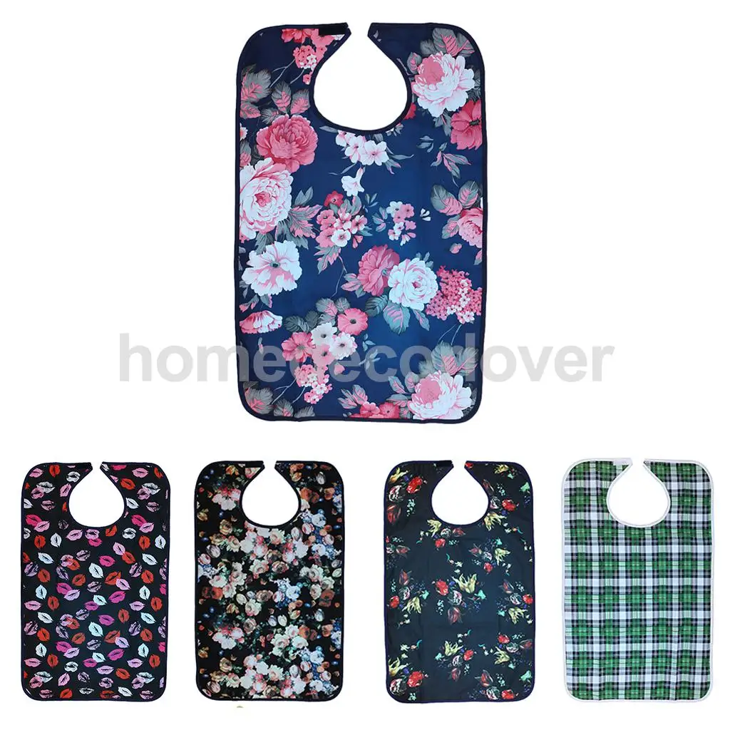 Reusable Waterproof Adult Elder Mealtime Bib Clothing Spill Protector Disability Aid Apron - Grid Lips Floral Flowers Print