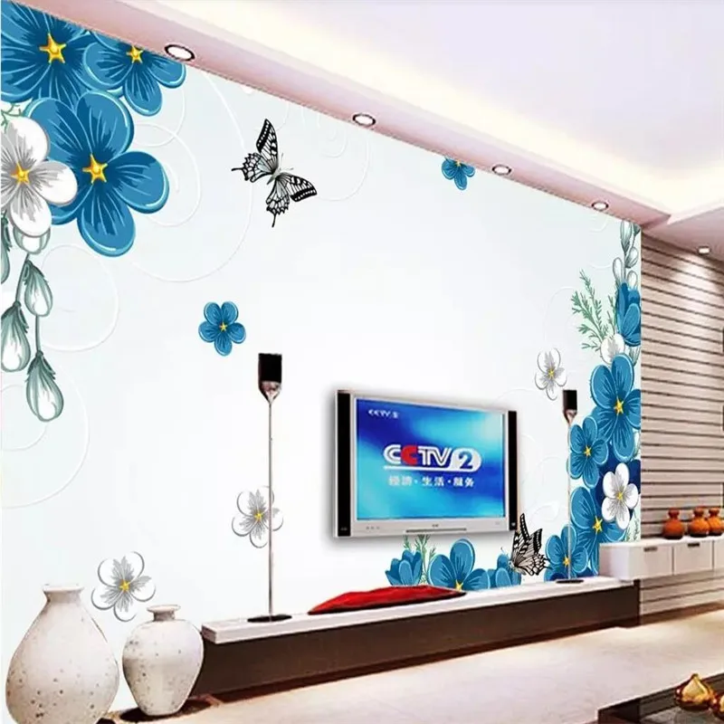 

3d wallpaper mural blue flower sofa living room TV family art background wall silk waterproof material