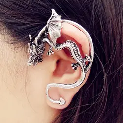 Pendientes de Clip de puño de oreja de mordedura de dragón de mosca de Metal Punk de bronce chapado en plata Vintage para mujer, joyería de moda, pendientes envolventes