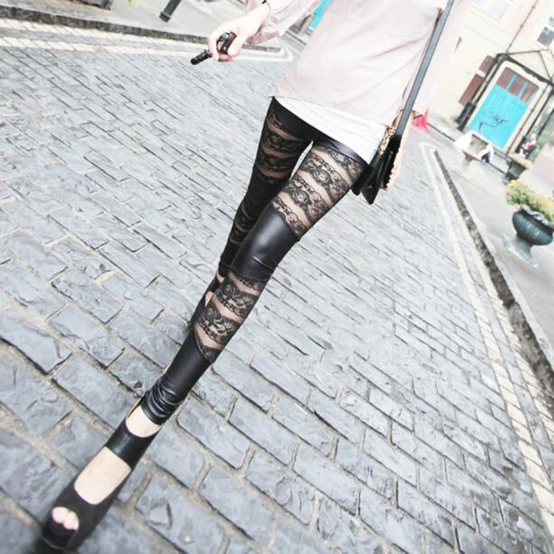 Fashion Rock Gothic Black Lace Rose Floral Pattern Hollow Stitching Leggings Rock Punk Stylish Slim PU Leather Pants For Women