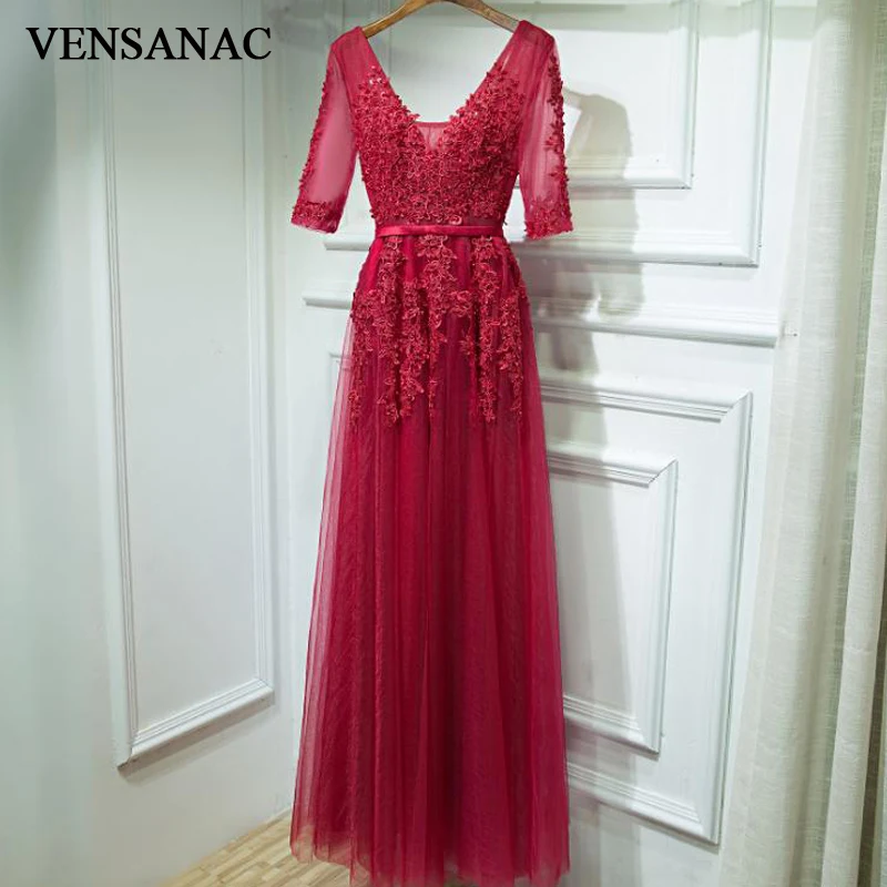 

VENSANAC Pearls V Neck 2018 Beading Appliques Backless A Line Long Evening Dresses Party Lace Half Sleeve Sash Prom Gowns