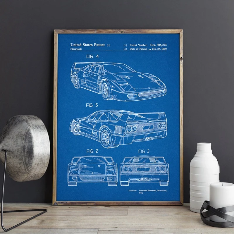 For Ferrari F40 Car Artwork Patent Prints Auto Wall Art Transportation Poster Room Decor Blueprint Canvas Painting Picture Gift