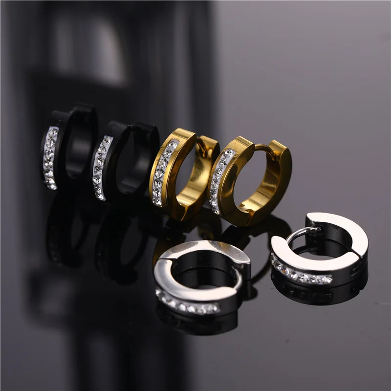 1Pair Punk Women and Men Different Style Stainless Steel Circle Hoop Earrings With Crystal CZ Simple Fashion Jewelry Hot selling