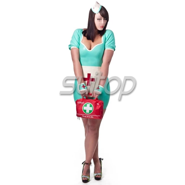 Latex Rubber Uniform Latex Rubber Night Nurse Dress, Cap Apron