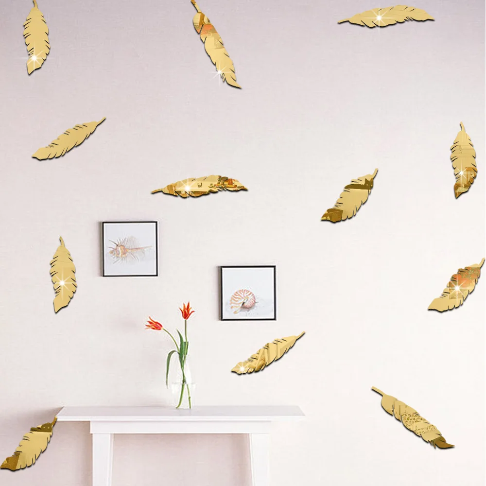 Acrylic Mirror Surface Feather Wall Sticker For Kids Rooms Baby Nursery Self-adhesive Wall Decal Home Decor DIY Art Mural Poster