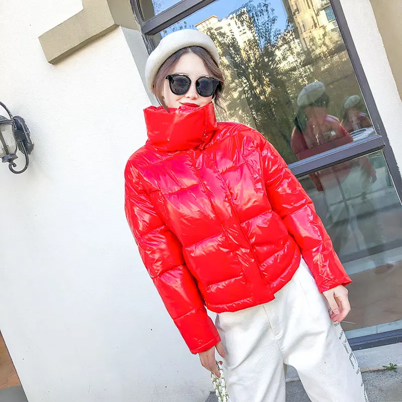 Glossy Winter Down Cotton Padded Jacket For Women Thick Bright Black Short Shiny Jacket Yellow Red Cotton Parkas AS809