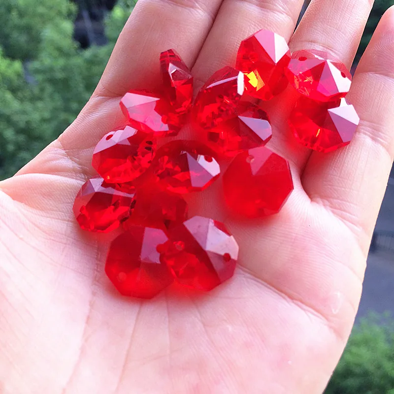 Wholesale Price 500pcs/lot 14mm Glass Beads Red Crystal Octagon Chandelier Accessiores In 2Holes For Curtain Garlands Strands