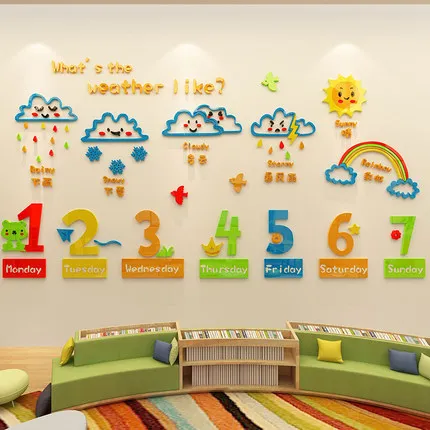 Kids Bedroom kindergarten 3D acrylic wall stikers week and weather adhesive stickers