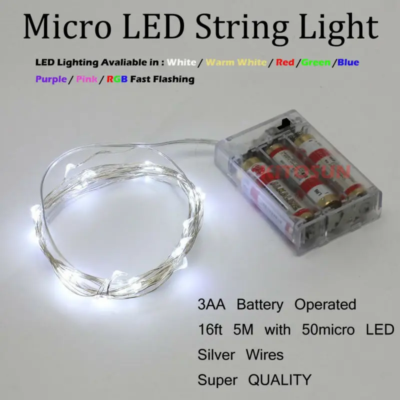 Silver wire White 5M 50 leds String Light Mini holiday lighting 16.5 FT LED String 3AA Batteries Fairy String Lights