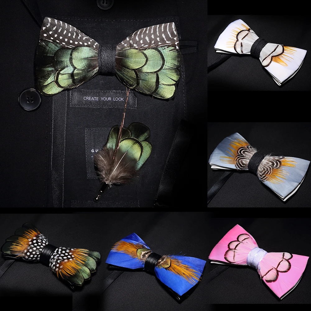 JEMYGINS original solid color feather bow tie brooch set Man Wedding Gift Fashion Handmade Leather Bow Ties Pin Gift Box Set