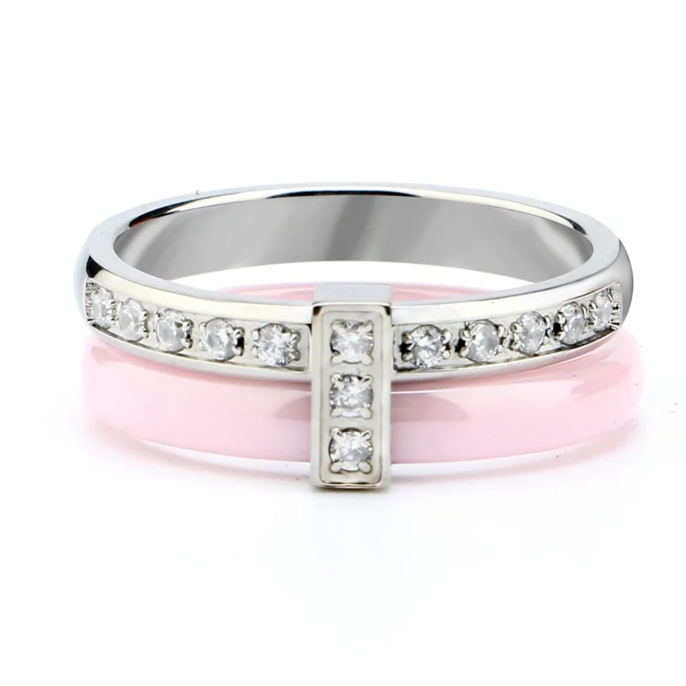 Women Rings 6mm Pink Ceramic Rings CZ Wedding Brand Garden Ring For Women Beautiful Jewelry ague acier inoxydable pour femme