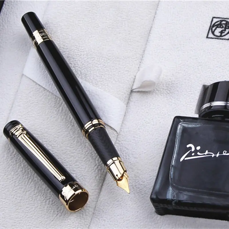 

Pimio ps-5505 Luxury Black and Gold Clip 0.5mm Iridium Nib Fountain Pen Noble Fashion Gift Set Ink Pens with 40ml Black Ink