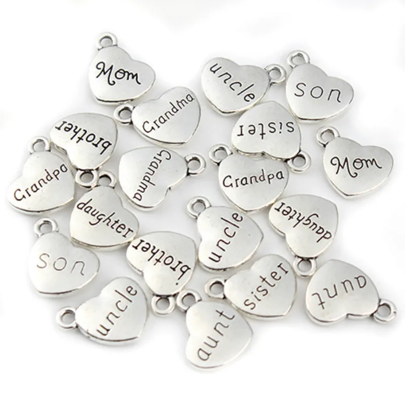 20pcs Mixed Antique Gold Color Heart Charms Family Grandpa Grandma Daughter Son Mom,Dad Brother Sister Letter Charms