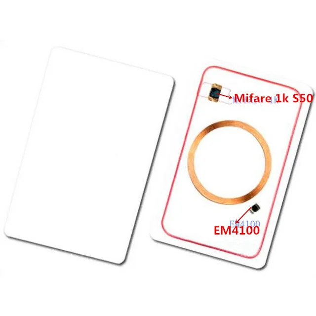 5 pcs/lot IC+ID Dual RFID Card TK4100&FM11RF08 chips Composite Card 125khz RFID and 13.56mhz smart bank white cards