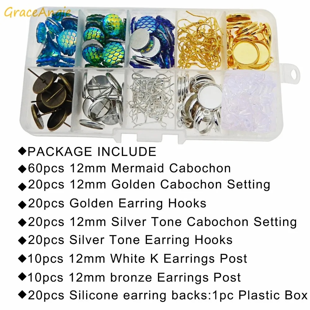 GraceAngie 180pcs Stainless Steel Ear Stud Earring Cup Bezel Mermaid Scale Resin Cabochons And Hooks Eardrop Making Findings