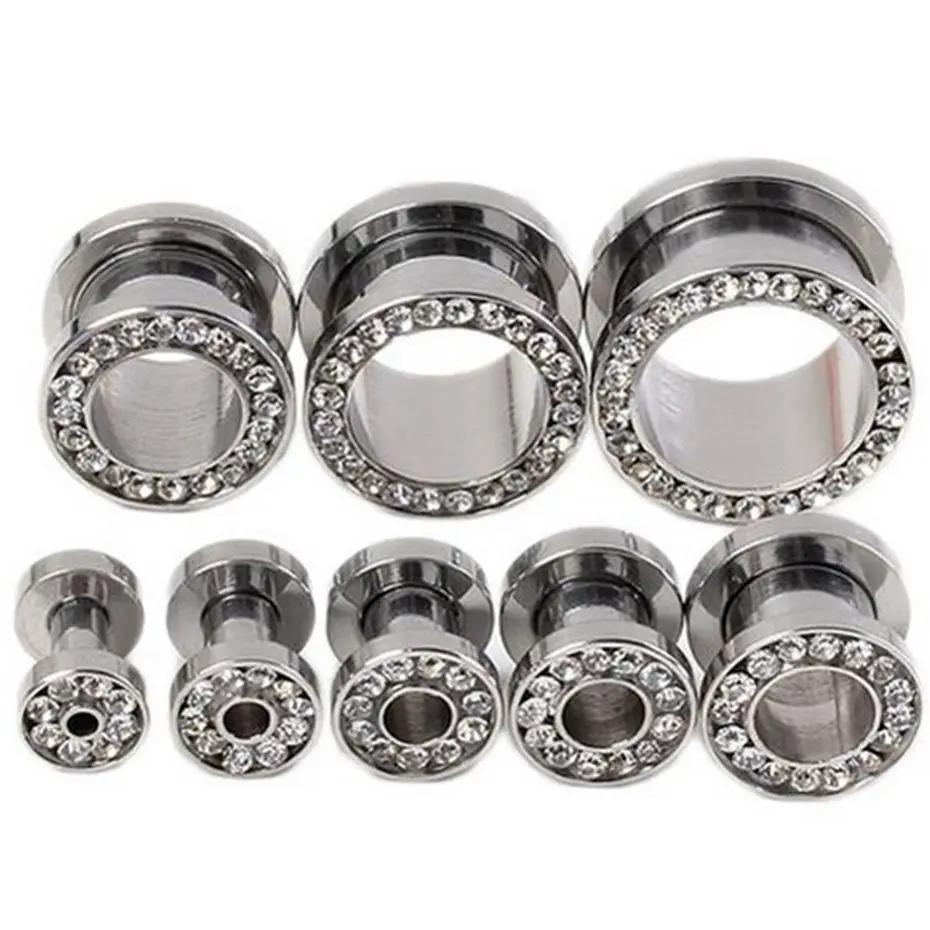 8 Sizes Stainless Steel Screw Ear Plug and Tunnel Body Jewelry Flesh Tunnel White Rhinestone Ear Cuff Tunnel Body Jewelry