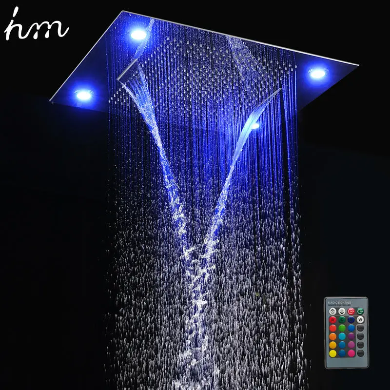 hm Multi Function Led Light ShowerHead 600*800mm Ceiling Rain Faucets Remote Control Rainfall Waterfall Massage  Overhead System