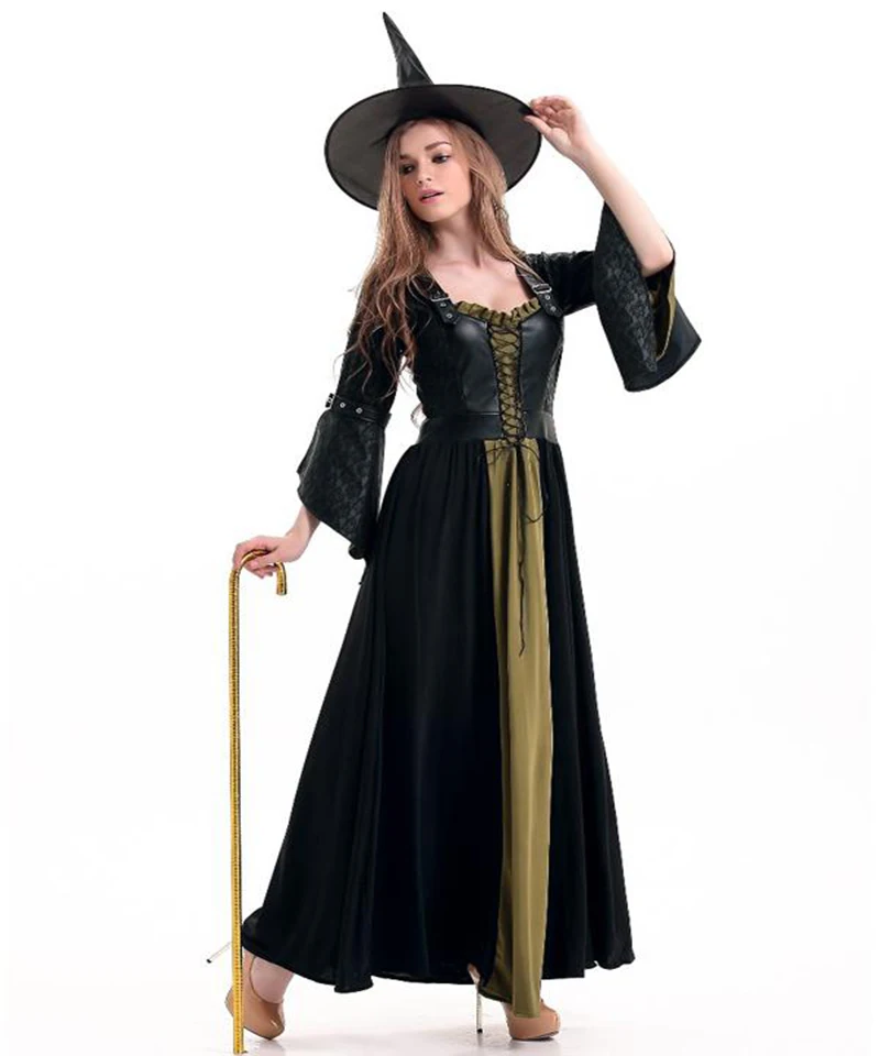 Fascinating New Halloween Witch Costume Adult Black Corset Vest and Fancy Dress Sorceress Cosplay Dress with Hat Outfits A416512