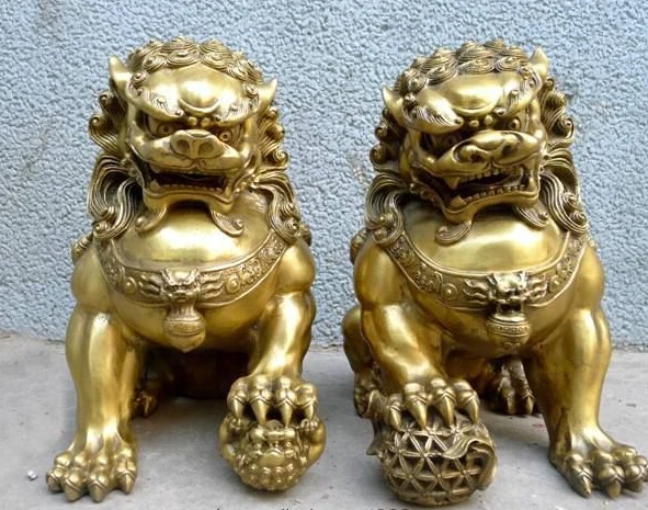 A Pair Chinese Feng Shui China Royal Palace Pure Brass Door talisman Fu Foo Dog Evil Guardian Lion 2pcs Garden Decoration Bronze