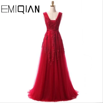 Real Photo V-neck Evening Dress Robe De Soiree Appliqued Tulle Evening Dresses Vestido De Festa