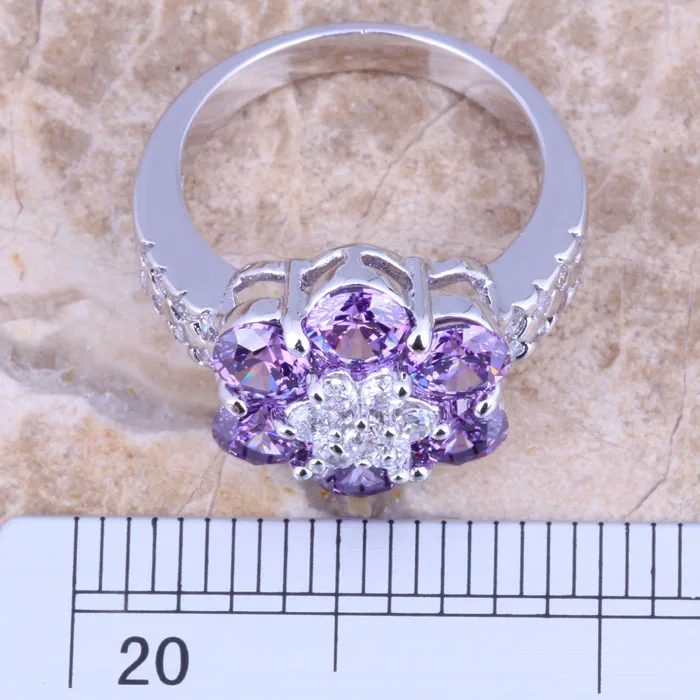 Flower Purple Cubic Zirconia White CZ Silver Plated  Women\'s Ring Size 6 / 7 / 8 / 9 R1403