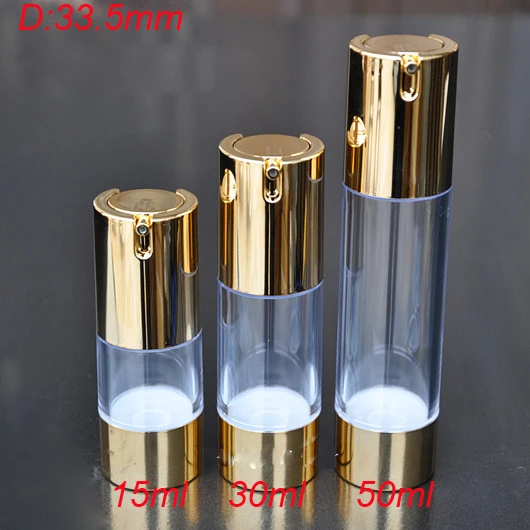 50ml clean pump airless bottle with UV gold pump and bottom,50 ml airless lotion bottle Cosmetic Container Refillable Bottles