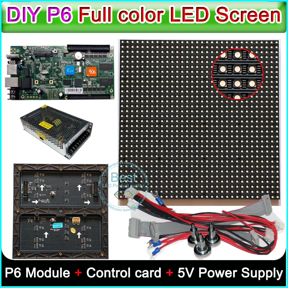 

DIY P6 Indoor full color LED display,Led sign,RGB P6 LED Module (192*192mm)20PCS/0.75sq.m. +HD-C10 Control card+5V Power supply