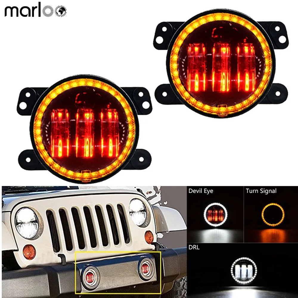 2pcs Car DRL 4 Inch LED Fog Lights For Jeep Wrangler JK Accessories With Amber White Halo Ring RED Devil Eyes