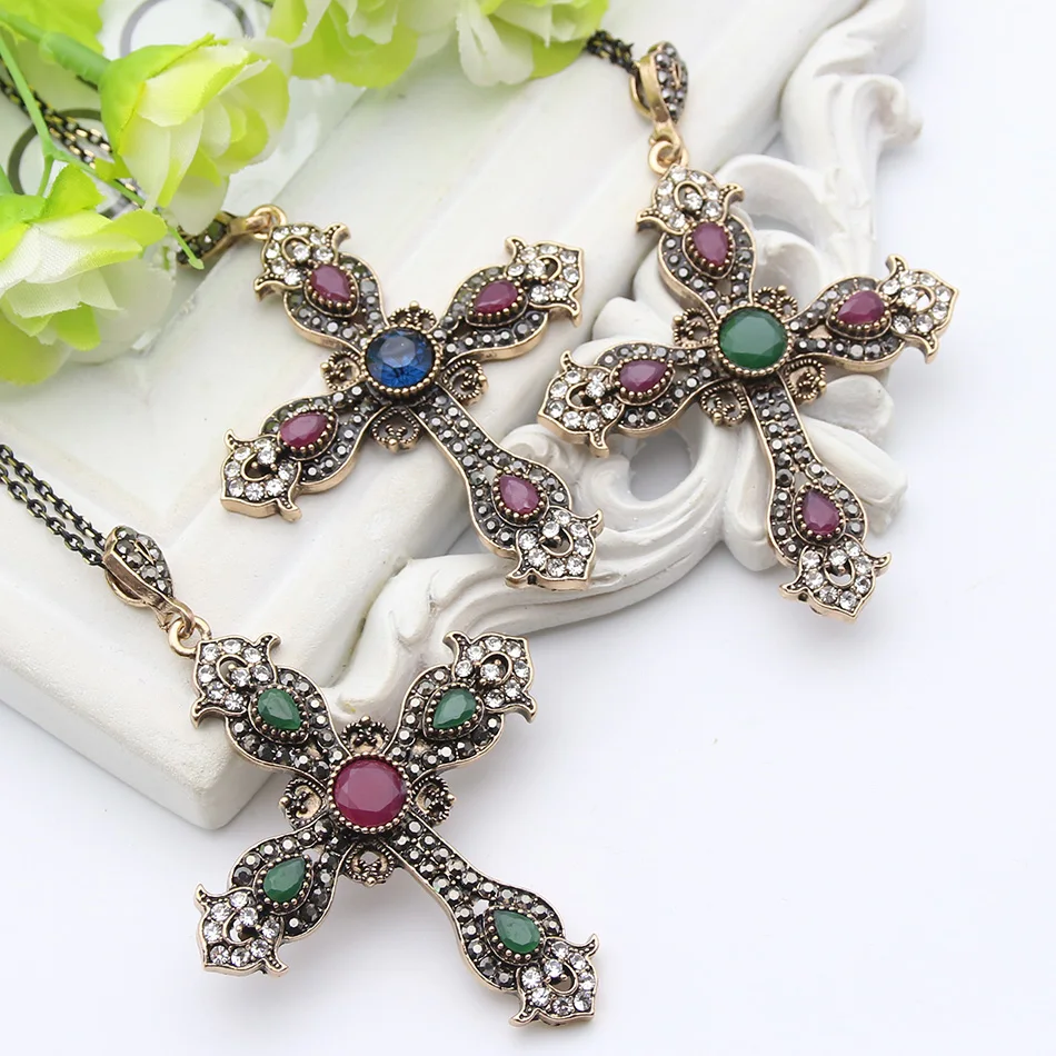 Vintage Turkish Flower Cross Jewelry Set Religious Antique Gold Color Jewelry Sets Cross Necklace Earrings Bridal Jewelry Sets