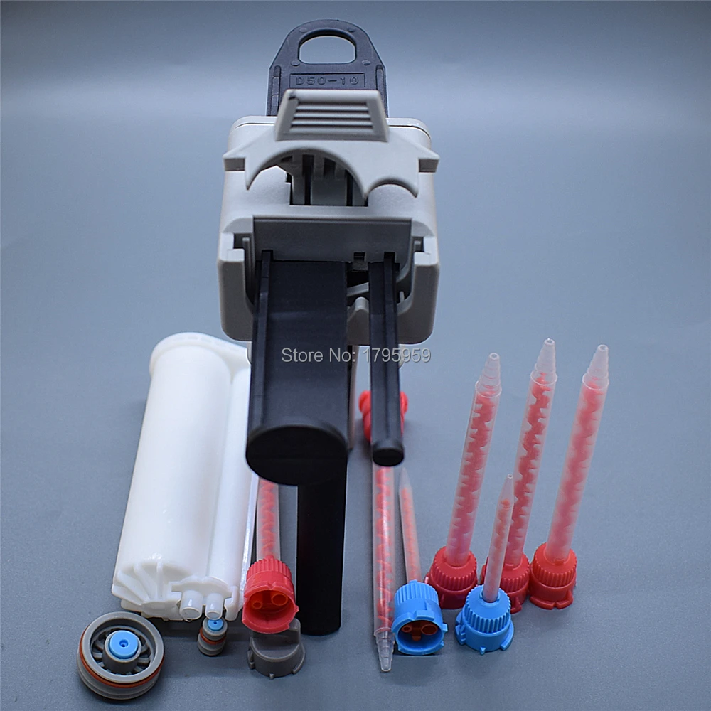 50ml AB pistola per colla 10:1 Dispenser per pistola per calafataggio con 50ml 1: 1 cartuccia vuota a doppio barilotto e Set di ugelli per miscelazione statica 7pc 10:1 AB