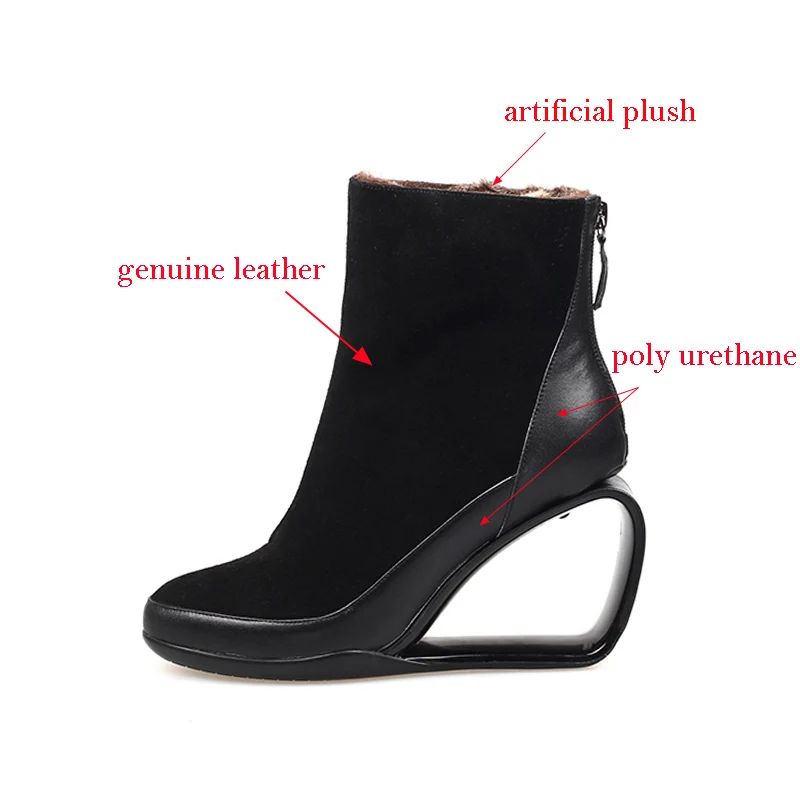 Winter Ankle Boots Hollow out High Heel Wedge Shoes Woman Snow Boots Women\'s Boots Made of Genuine Leather HL108 MUYISEXI