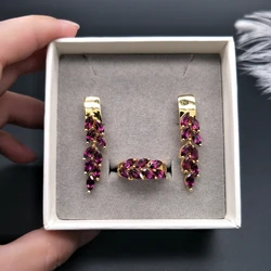natural gemstone rhodolite set jewelry 925 sterling silver ring and earrings simple style for girl & women birthday fine gift