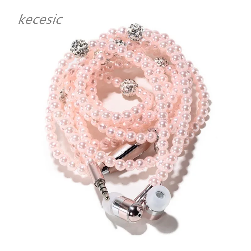 kecesic arrivée mode écouteurs luxueux Bling collier de perles écouteurs pour filles avec micro pour iphone samsung universel