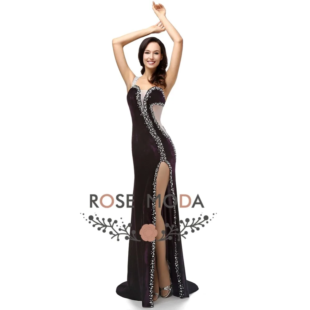 Rosa moda sexy um ombro cristal frisado alta fenda preto veludo vestido de noite até o chão fotos reais