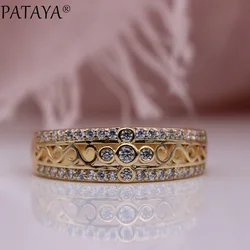 PATAYA New Women Rings 585 Rose Gold Color Micro Wax Inlay White Round Natural Zircon Fine Fashion Jewelry Luxury Hollow Rings