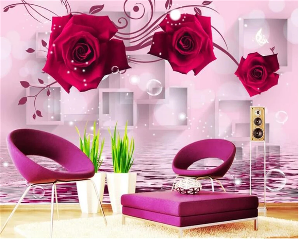 

beibehang Custom 3D Wallpaper Red Rose Reflection 3D Living Room Tv Background Wall photo wallpaper mural papel de parede 3d