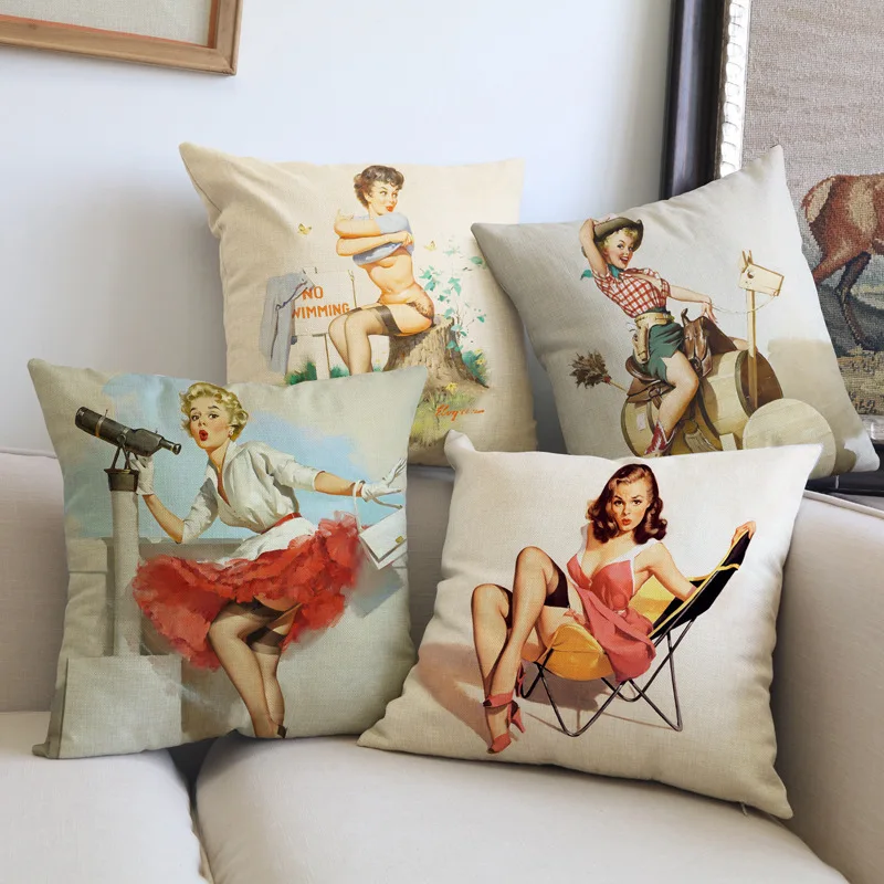 

America 30's Vintage Poster Sexy Girls Print Cushions For Home Decoration Cotton Linen Throw Pillow Case Cushion Covers Gifts